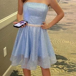 Jovani Sparkling Light Blue Strapless A-Line Mini Dress with Rhinestone Waist